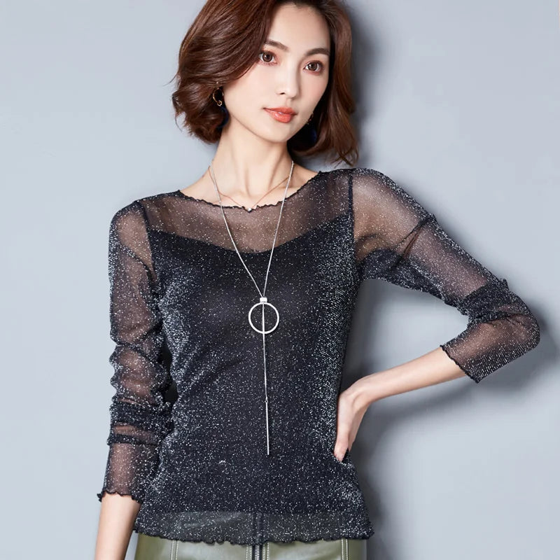 Glitzer-Netzbluse Sexy Damen Shirts Langarm-Oberteile Koreanisch Schwarz Pink O-Neck Elegante Slim Bluse Camisas Femininas