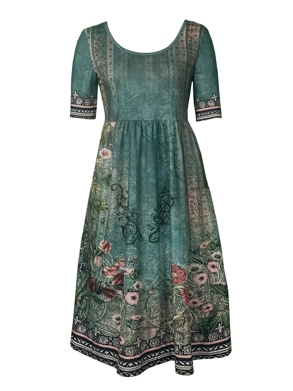 2025 Sommer Damen-Bohemia-Kleid locker, modischer Druck, Rundhalsausschnitt, kurze Ärmel, langes Kleid