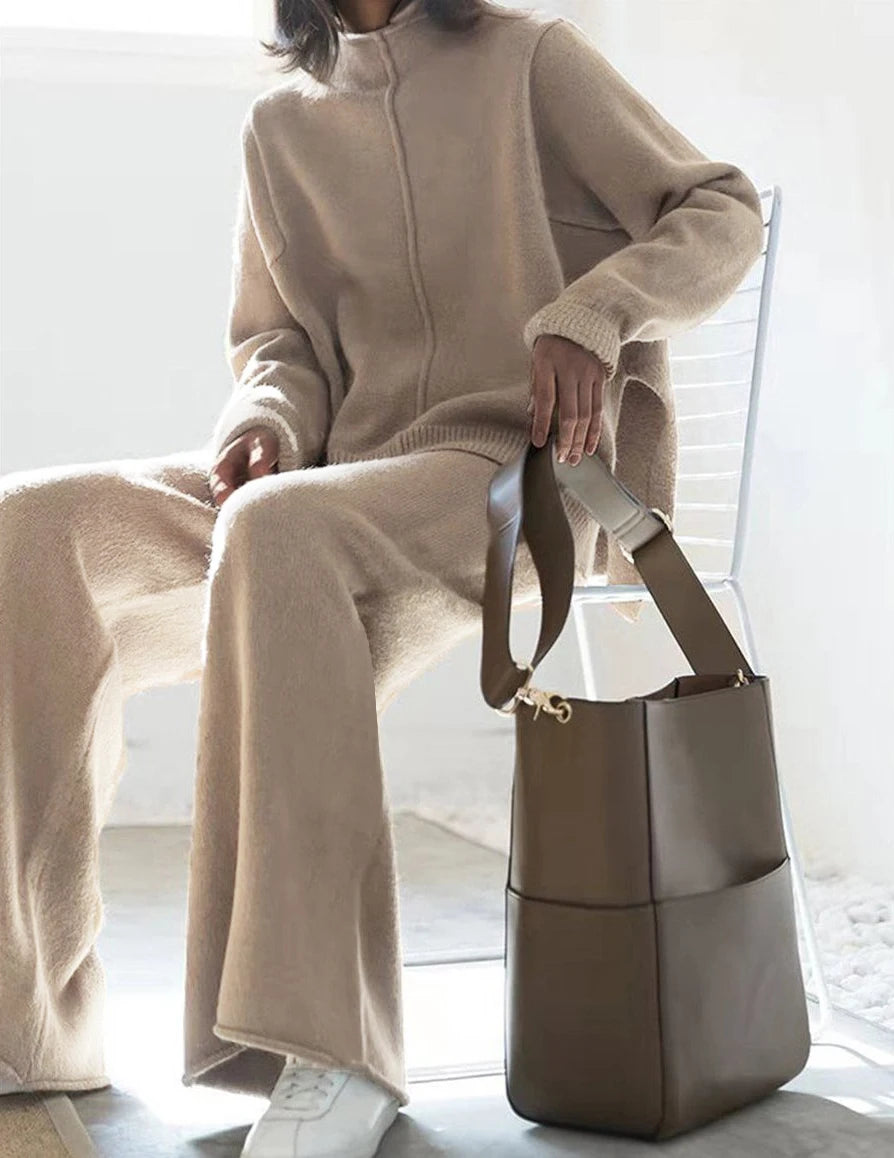 Damen beiges Oversize-Strick-Zweiteiler-Set mit Half-Zip Pullover und weiter Hose, lässige Loungewear