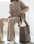 Damen beiges Oversize-Strick-Zweiteiler-Set mit Half-Zip Pullover und weiter Hose, lässige Loungewear