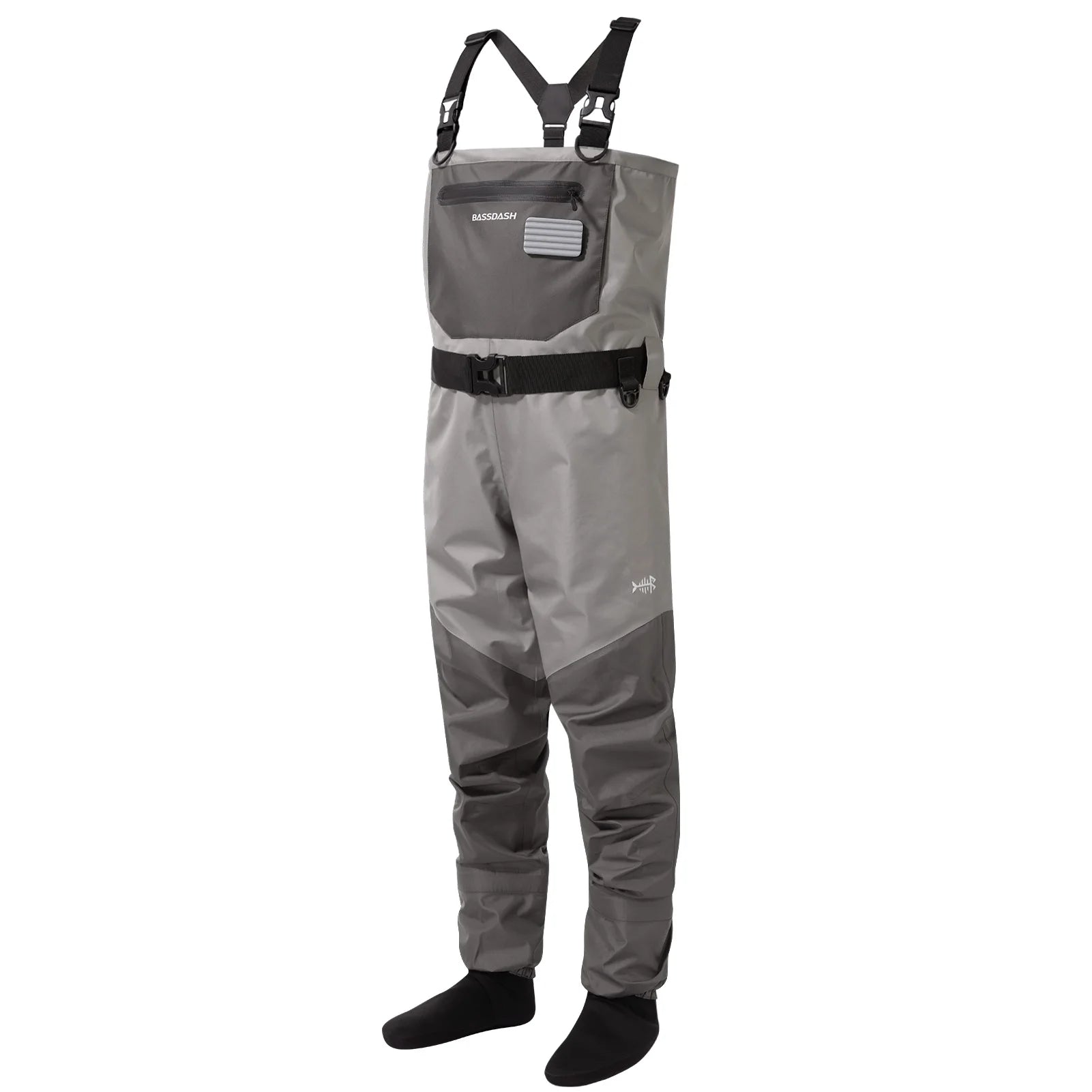 BASSDASH Anglerwathose leicht, mit angesetzten Füßlingen, FW08, für Herren, atmungsaktive Wathose, wasserdicht, zum Fliegenfischen, Brusthöhe