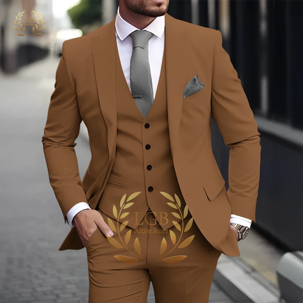 Herren Khaki 3-teiliger Anzug Klassischer spitzer Revers Business Formal Hochzeit Bräutigam Slim Fit Eleganter Gentleman-Stil Mode Blazer