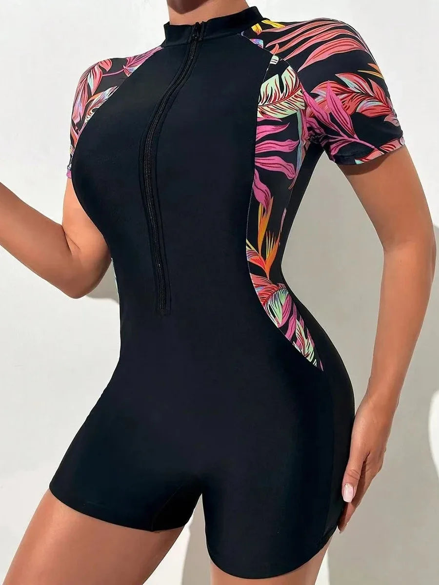 Einteilige Blumen-Badebekleidung für Damen, kurzärmeliger Badeanzug mit Reißverschluss vorne, tropische Pflanzen, Surfen, Sonnenschutz (kein integrierter BH) Zweitbild