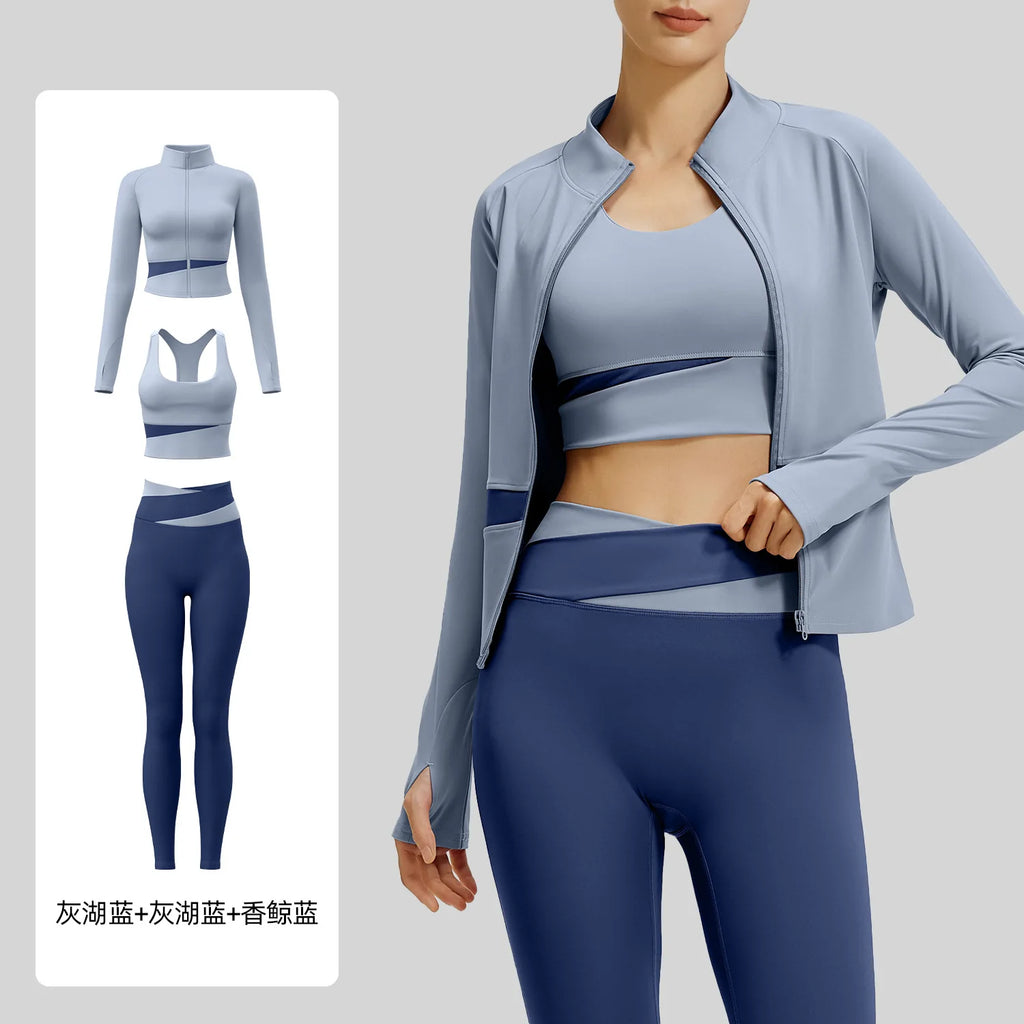 Yoga Set 3-teilig, Gym Kleidung, Sportbekleidung, Yoga Anzüge für Damen, Langarm Crop Top, Fitness Set, Trainingsanzüge, Sport-BH, Gym Leggings