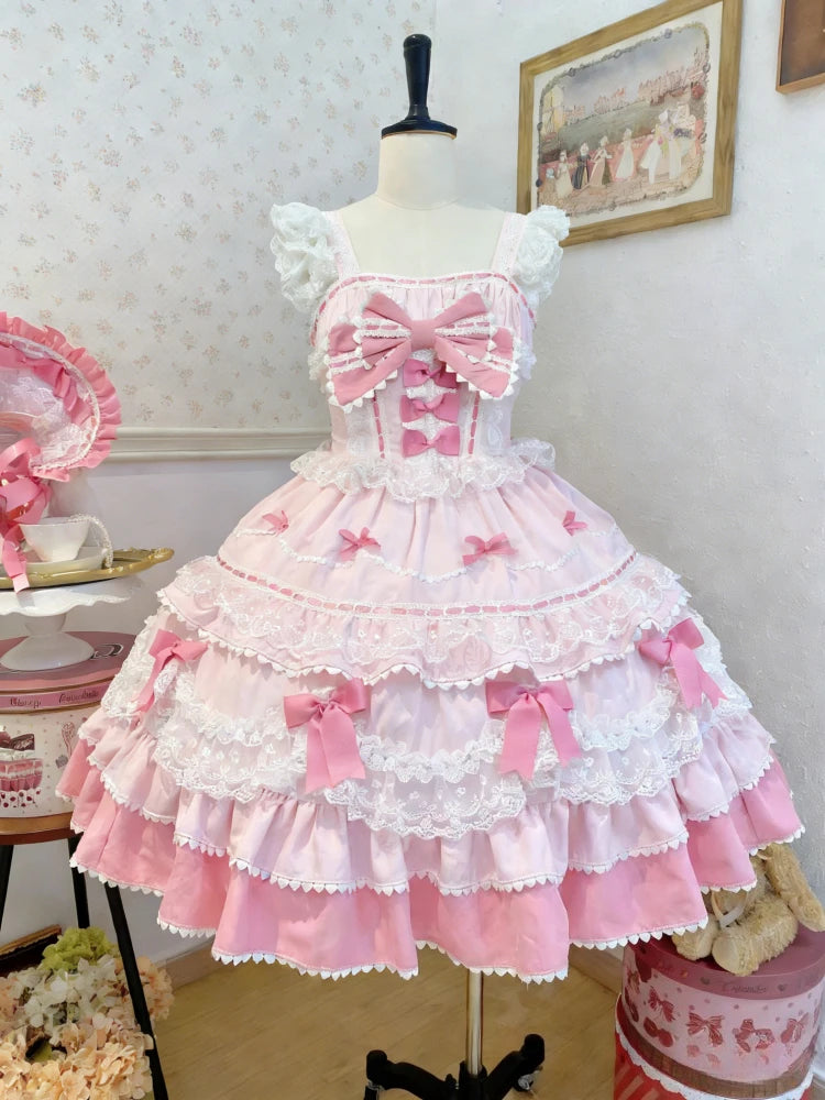 Japanisches Sommer-Kawaii-Lolita-Kleid Damen Party Vintage Süße Spitze Schleife Geburtstags-Kuchenkleider Harajuku Y2k Bandagenkleid