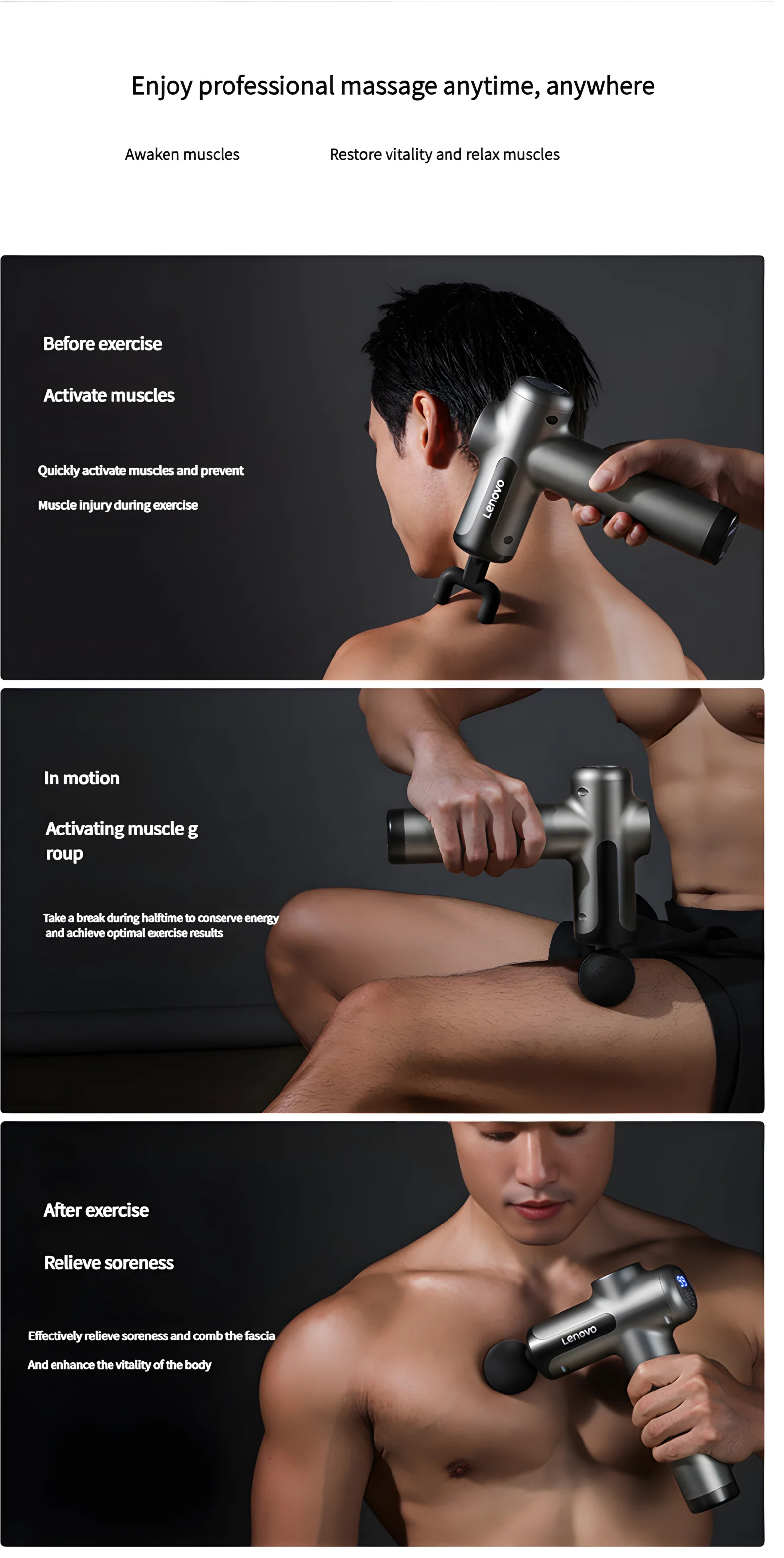 Lenovo Brand Fascia Gun Deeply Relieves Muscle Soreness Fitness and Relaxation Equipment LED Touch Screen 8Massage Head Gifts
