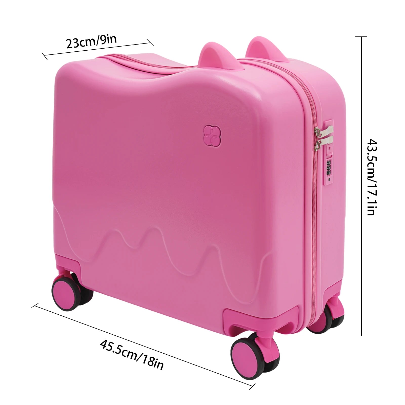 18 Zoll Aufsitzkoffer, niedlicher Koffer mit interner Netztasche, Aufbewahrungsbox mit Lenkrollen für Kurztrips, Pink