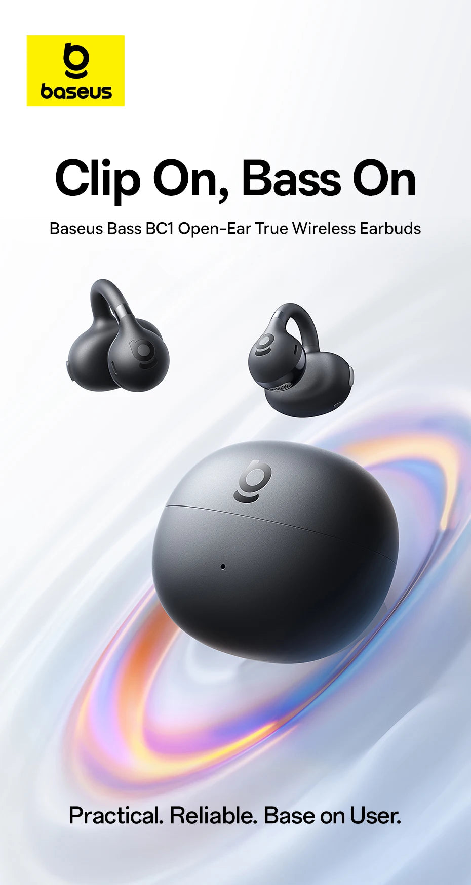 Baseus BC1 Ear-Clip-Ohrhörer Open-Ear Drahtlose Kopfhörer Bluetooth 6.0 Clip-On Sport-Kopfhörer 4 Mikrofone Super Bass IP55 Ohrstöpsel