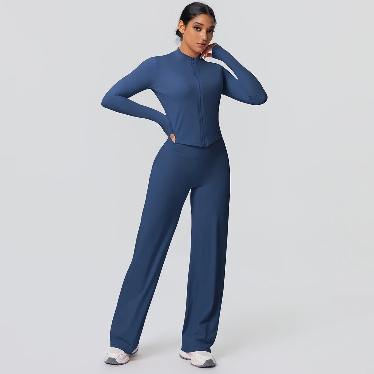 2-teiliges schnelltrocknendes Sport-Fitness-Bekleidung Yoga-Set Damen Yoga Reißverschluss Langarm High Waisted atmungsaktive weite Hose Set