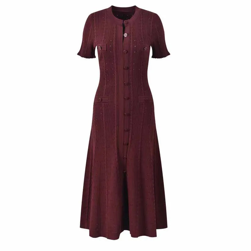 Sommer einfarbig Rundhals Kurzarm Business-Kleid Damen Koreanisch Einreiher Ausgeschnittenes langes Kleid Modetrend