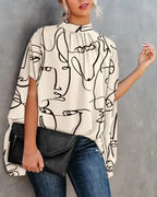 Lässige weite Damenbluse Mode Fledermausärmel Print Rundhals Shirts Top Frühling Sommer Büro Damen Blusen Elegante Oberteile 2024