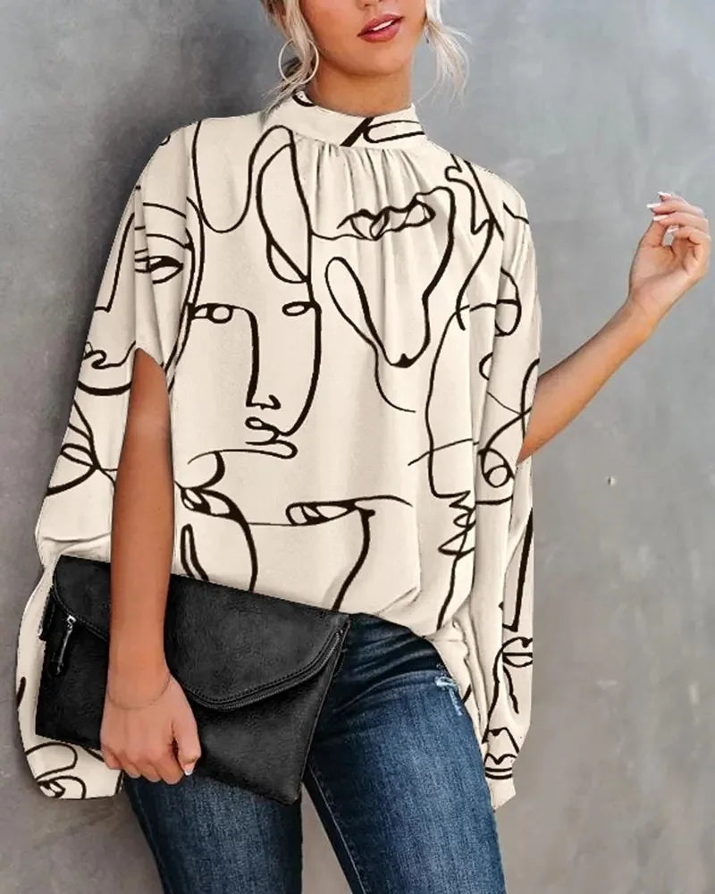 Lässige weite Damenbluse Mode Fledermausärmel Print Rundhals Shirts Top Frühling Sommer Büro Damen Blusen Elegante Oberteile 2024