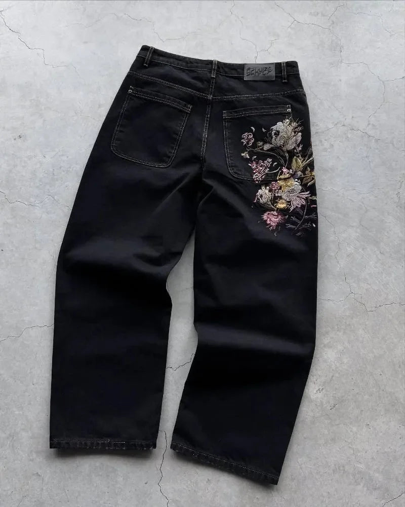 Vintage Low Waist Hip Hop Kirschblüten bestickte Jeans Weite Hose Y2K Kleidung Herren Damen Bestickte Baggy Jeans