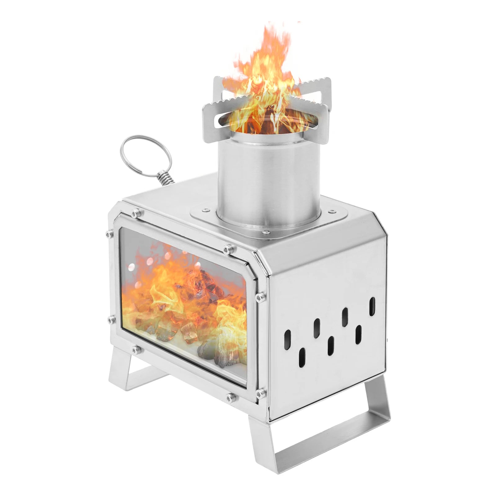 Tragbarer Camping-Holzofen, Mini-Feuerstelle aus Edelstahl für Outdoor-Kochen, Wandern, Grillen, mit Glasfenster und Belüftungsöffnungen