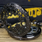 1pc Black Retro Hollow Gear Carved Quartz Pocket Watch Necklace Pendant Clock Chain Men Women Memorial Gift