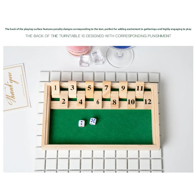 Hölzernes Shut the Box Würfelbrettspiel Klassische Tischversion mit 12 Zahlen, Kneipenstil, traditionelles Familien-Partyspiel für drinnen