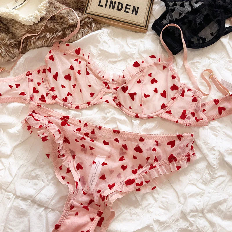 Neues Dessous-Tangas-Set, sexy, ultradünner transparenter BH, Damen-Bügel-Push-up-BH-Set, sommerliche, romantische Pfirsichherz-Unterwäsche