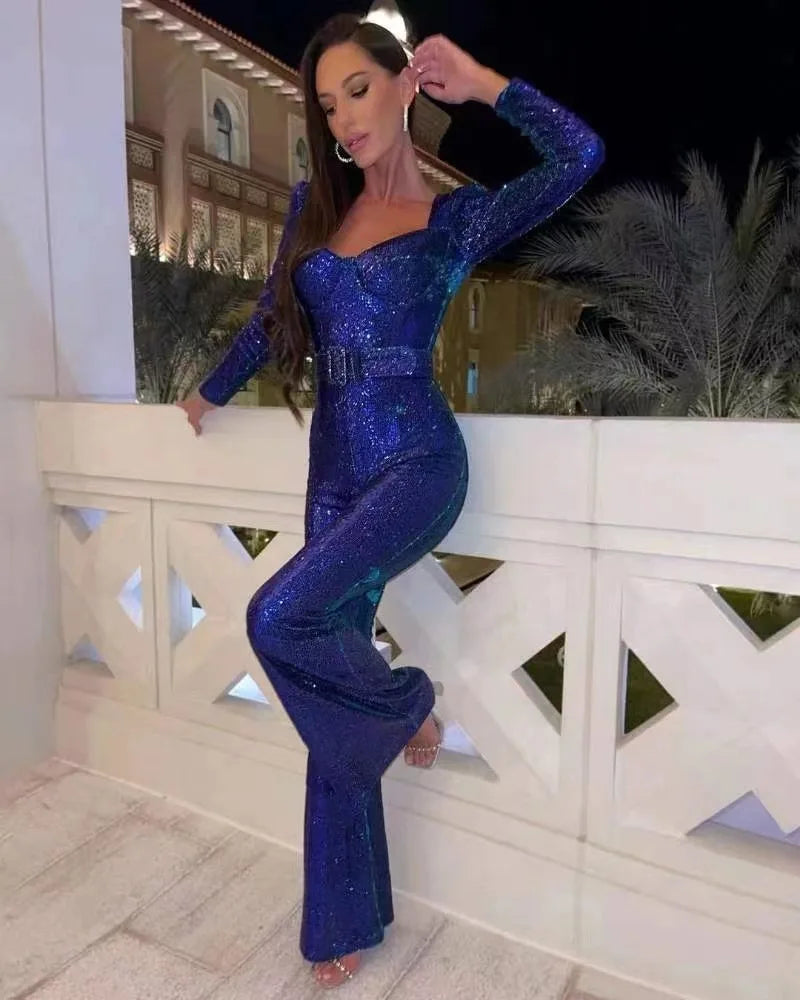 Damen-Jumpsuits Pailletten Einteiler Bodenlang Hosen-Overalls Lange Ärmel Bodycon Party-Nacht-Strampler Spleiß Hohe Taille Gürtel