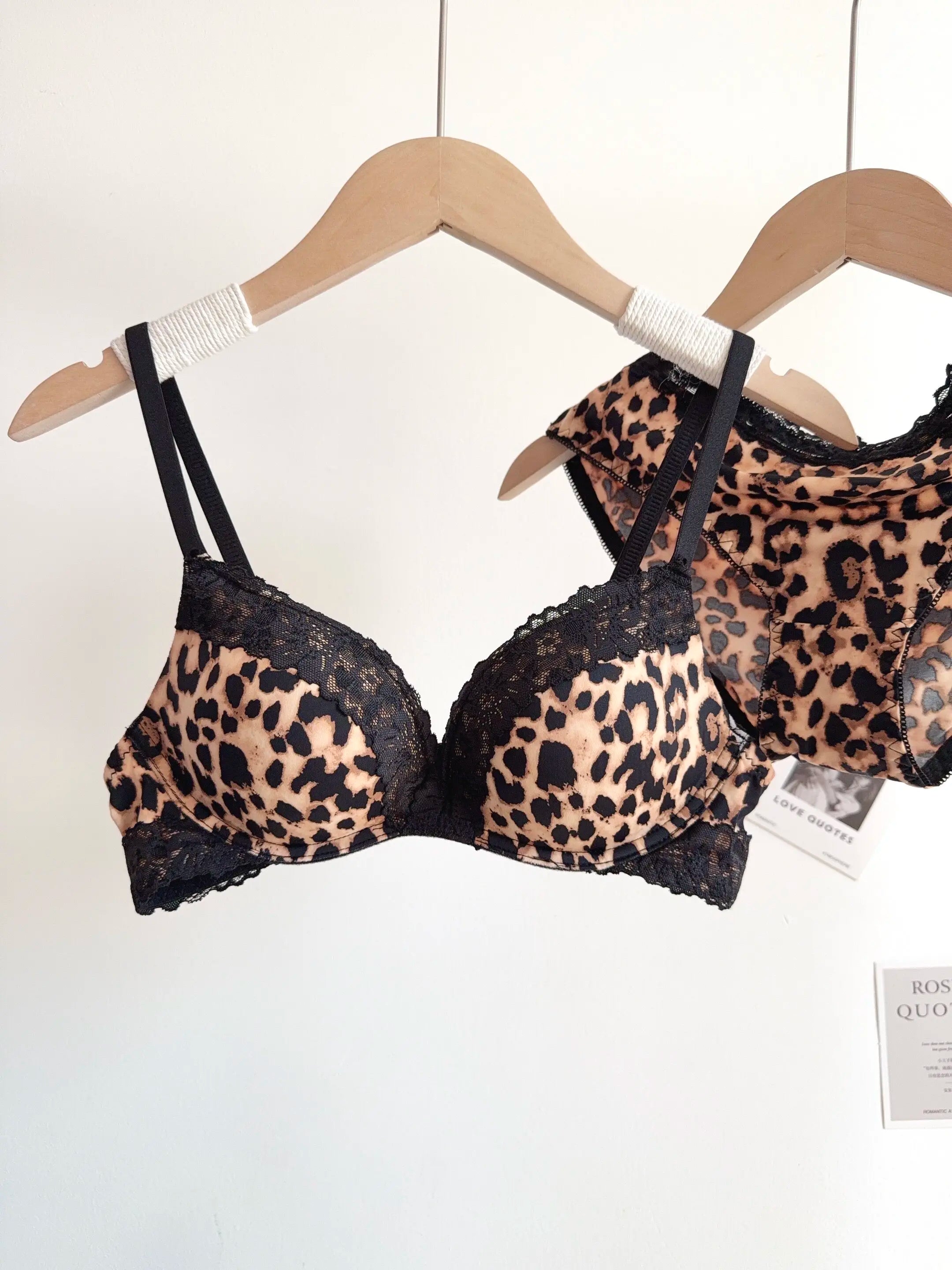Sexy Leopard-Print-Dessous-Set für Damen, kabellos, unsichtbarer Push-Up für kleine Brüste, verstellbares A-bis-C-Körbchen, transparenter, reiner Spitzen-Look, S-XL