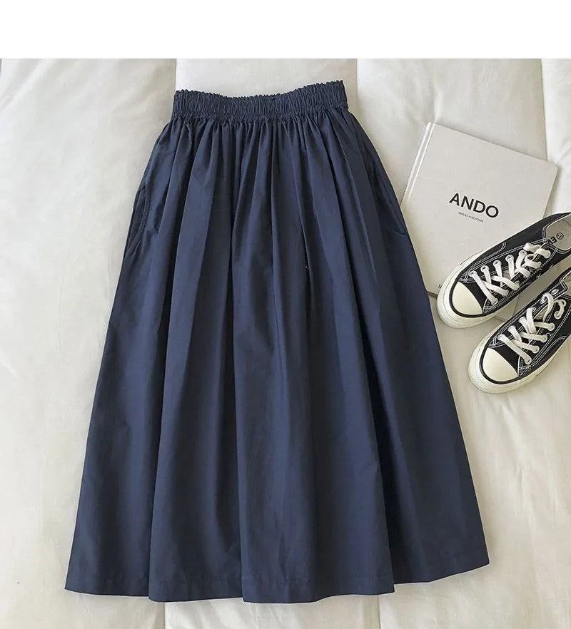 Damen Schwarzer Rock Midi High Waist Korean Style Plissiert A-Linie Vintage Kleidung 2026 Neue Sommer Casual Mode Damen Arbeitskleidung