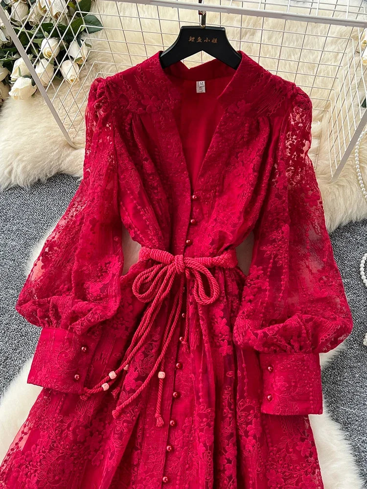 Frühlings-Herbst Französisches High-End Damenkleid Neue Spitze Stickerei V-Ausschnitt Laternenärmel Einreiher Party Geburtstagskleid C192