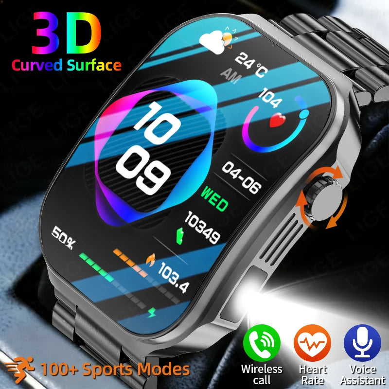 LIGE Neue 2,2-Zoll 3D Gebogenes Display Smartwatch Mit LED-Licht Thermometer Gesundheitsmonitor Smartwatch BT Anruf Sport Fitness Uhr