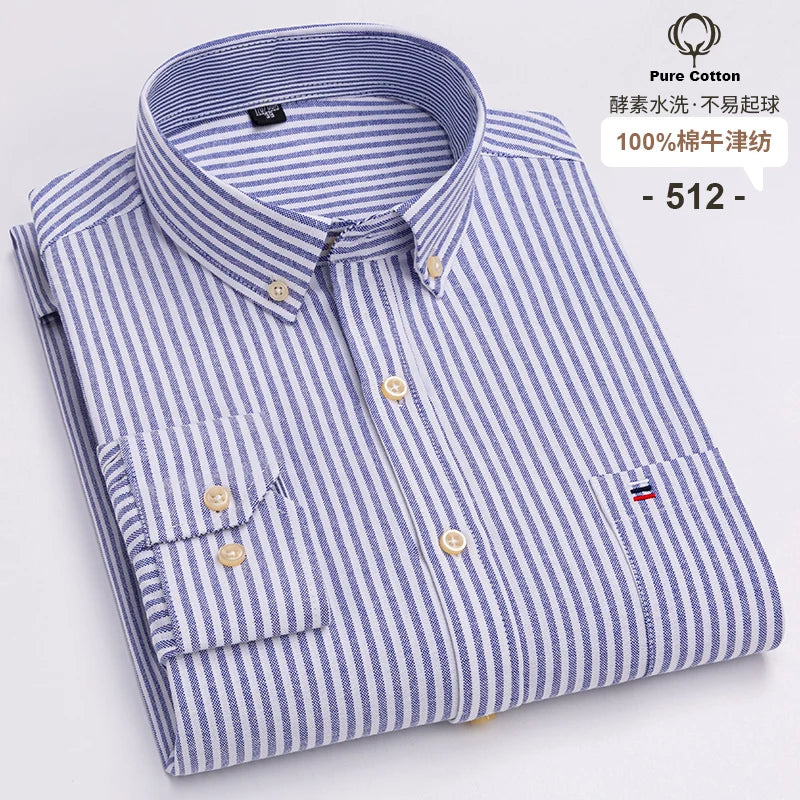 100 % Baumwolle Oxford Herrenhemden Langarm Kariert Weich Regular Fit Festliches Hemd Tasche Sozial Bluse Herrenkleidung S-7XL