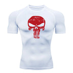 Skull Print Compression Shirts for Men Gym Workout Running Tshirts Sporty Athletic Quick Dry Tees Tops Short Sleeve Rash Guard