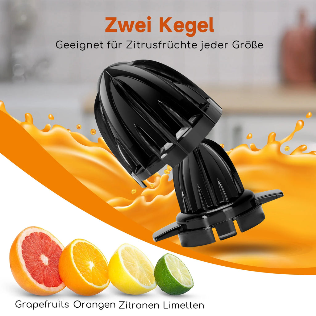 Aigostar Elektrische Zitruspresse, 1,2L große Saftpresse mit LED-Arbeitslicht und 2 abnehmbaren Kegeln, Zitronenpresse für Orangen