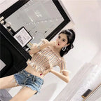 Damen Sommer Low Waist Denim Shorts Stretch Kurze Jeans Hot Pants Sexy Dreieckiges Design Po-Former Casual Streetwear DURIKIES