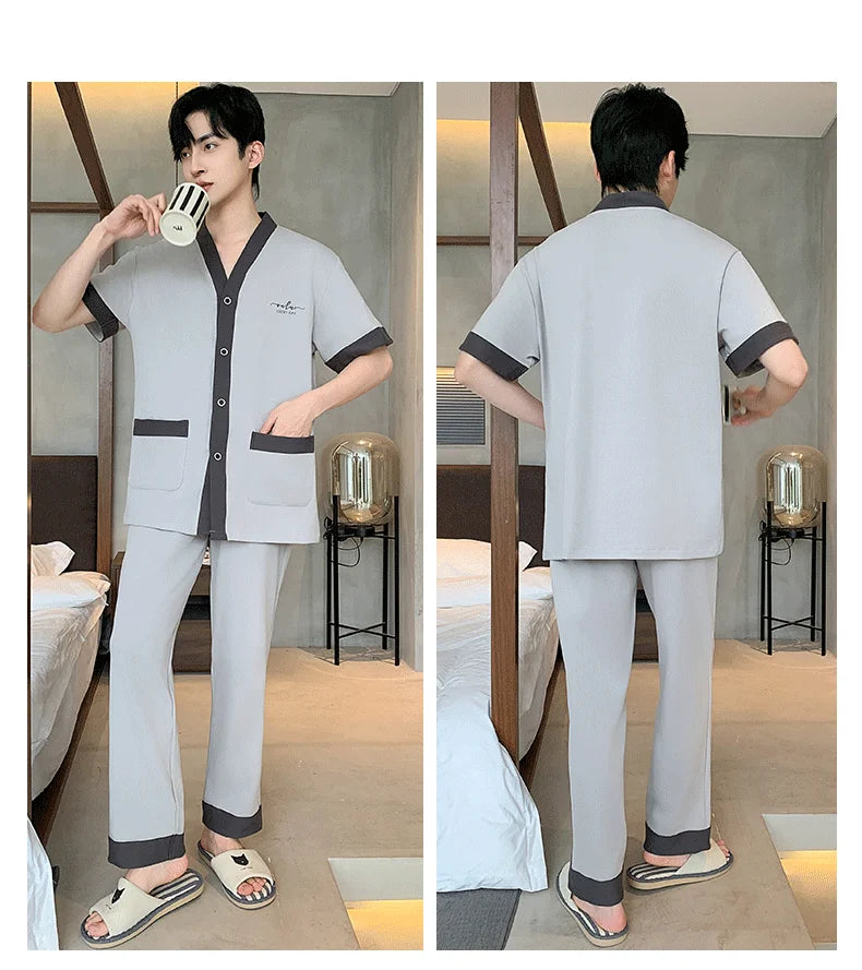 Men's Japanese Kimono Casual Fashion Solid Color Cardigan Loose Summer Short-Sleeved Pajamas with long pants Home Comfort Wear