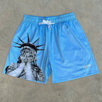 Europäische und amerikanische Herren Sommer Freiheitsstatue-Print bequeme atmungsaktive Tunnelzug-Shorts Outdoor-Freizeithose