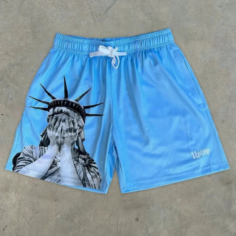 Europäische und amerikanische Herren Sommer Freiheitsstatue-Print bequeme atmungsaktive Tunnelzug-Shorts Outdoor-Freizeithose