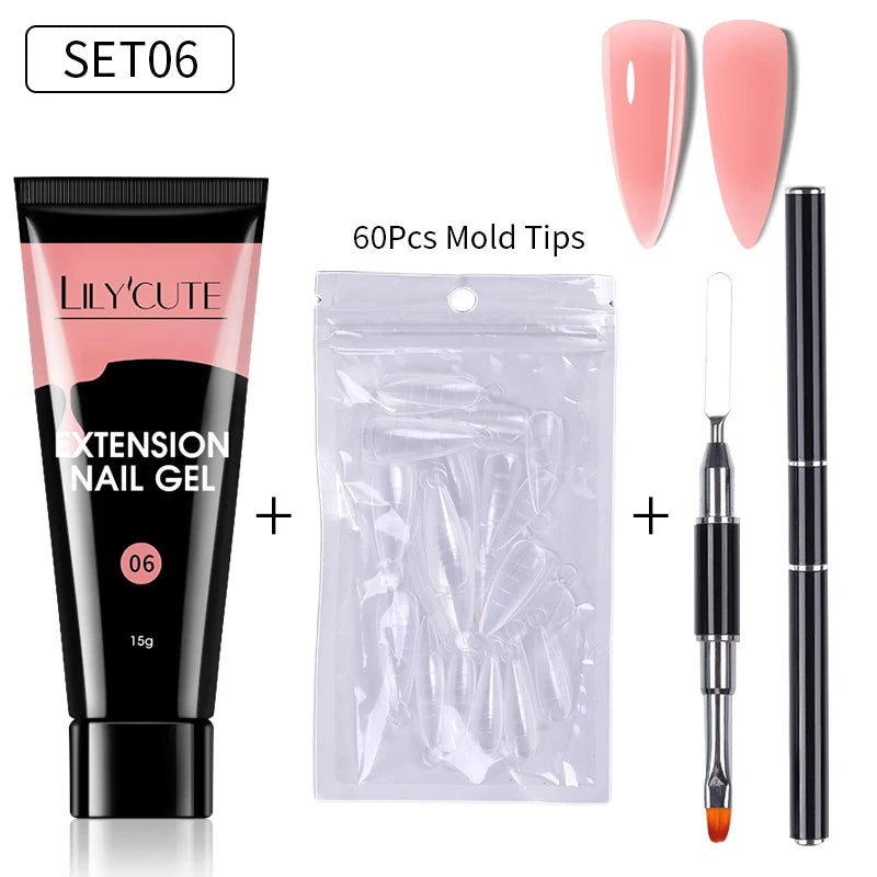 LILYCUTE 15ml Verlängerungsgel-Nagellack-Set Quick Nail Prolong mit Verlängerungsform-Nagelspitzen Acryl-Lösung Maniküre-Werkzeug-Kit