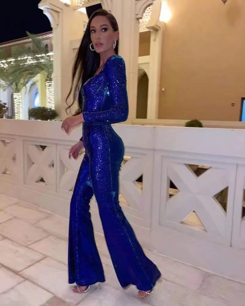 Damen-Jumpsuits Pailletten Einteiler Bodenlang Hosen-Overalls Lange Ärmel Bodycon Party-Nacht-Strampler Spleiß Hohe Taille Gürtel