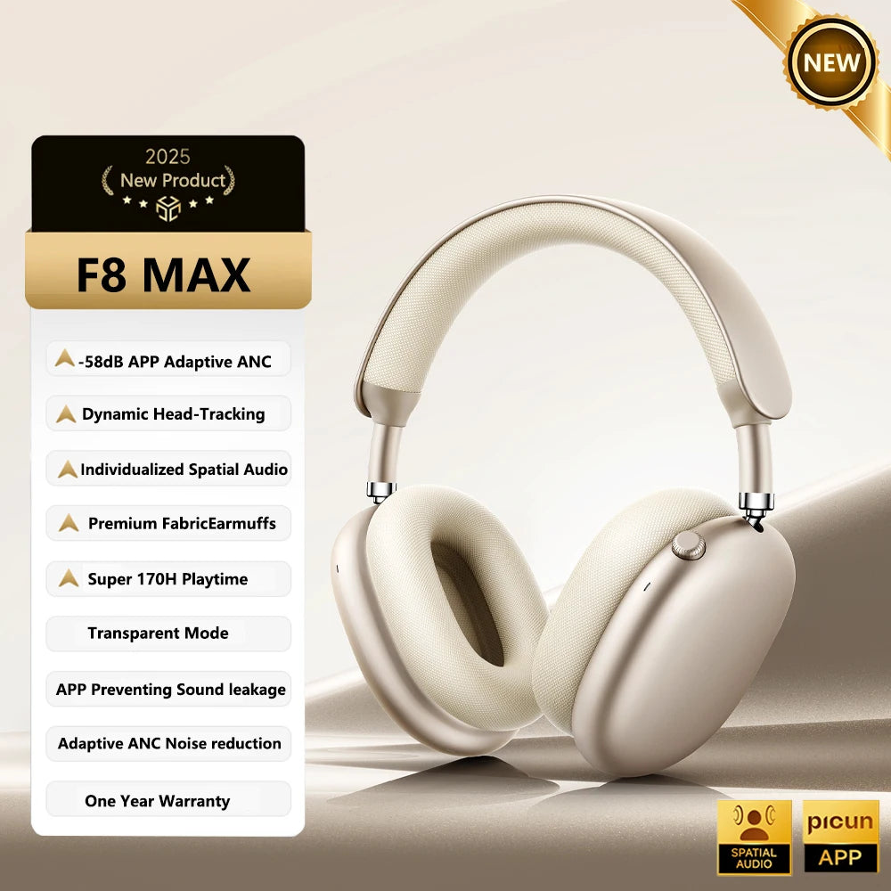 Picun F8MAX ANC Kabellose Kopfhörer 59dB Hybrid Active Noise Cancelling Spatial Audio Earphone Bluetooth 6.0 Over-Ear Headset 180H