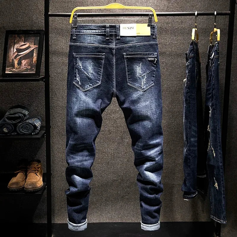 Amerikanische elastische Straight Jeans Herren, zerrissen, Used-Look, Slim-Fit, Baumwoll-Denim-Hose, koreanischer Stil, Mode, Blau Schwarz, Herrenbekleidung Zweitbild