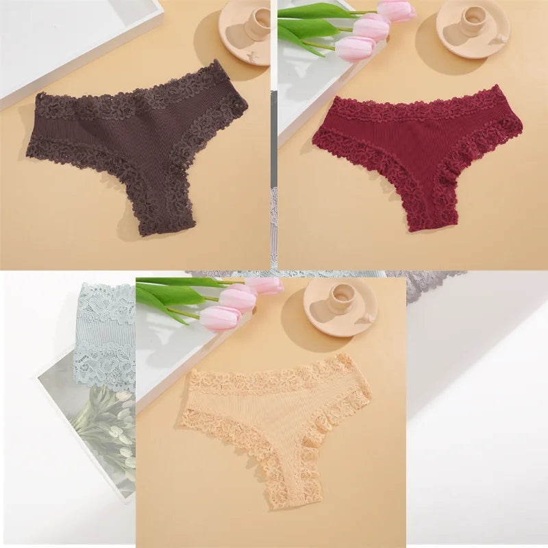 FINETOO 3er-Pack Damen Baumwollunterwäsche Slips Sexy Spitze Brasilianischer Slip Niedrige Taille Blumenmuster Einfarbig G-String Atmungsaktive Dessous