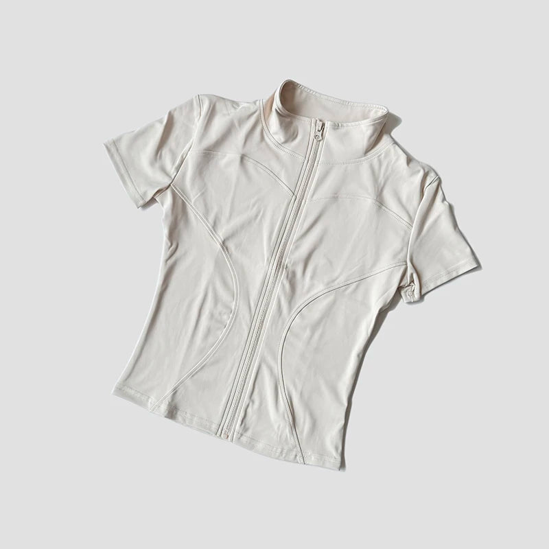 Slim Fit Kurzarm Yoga Shirt Damen Stehkragen Reißverschluss Jacke High End Lauf Sport Fitness Top
