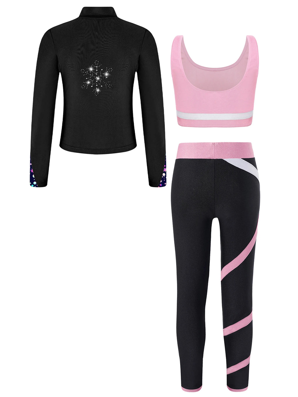 3Pcs Kids Girls Skating Athletic Fitness Workout Tracksuit Sleeveless Vest Top +Pants with Long Sleeve Zipper Sweatshirt Gym Set