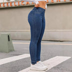 Damen High Waist Stretch-Jeans, Hüfthebend, Skinny Pencil Pants, Damen, volle Länge, schmal, einfarbig, Hose