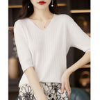 Damen Pullover Frühling Sommer Kurzarm V-Ausschnitt Strickshirt Lässige koreanische Pullover Gestreiftes Unterziehshirt Slim Fit Pullover