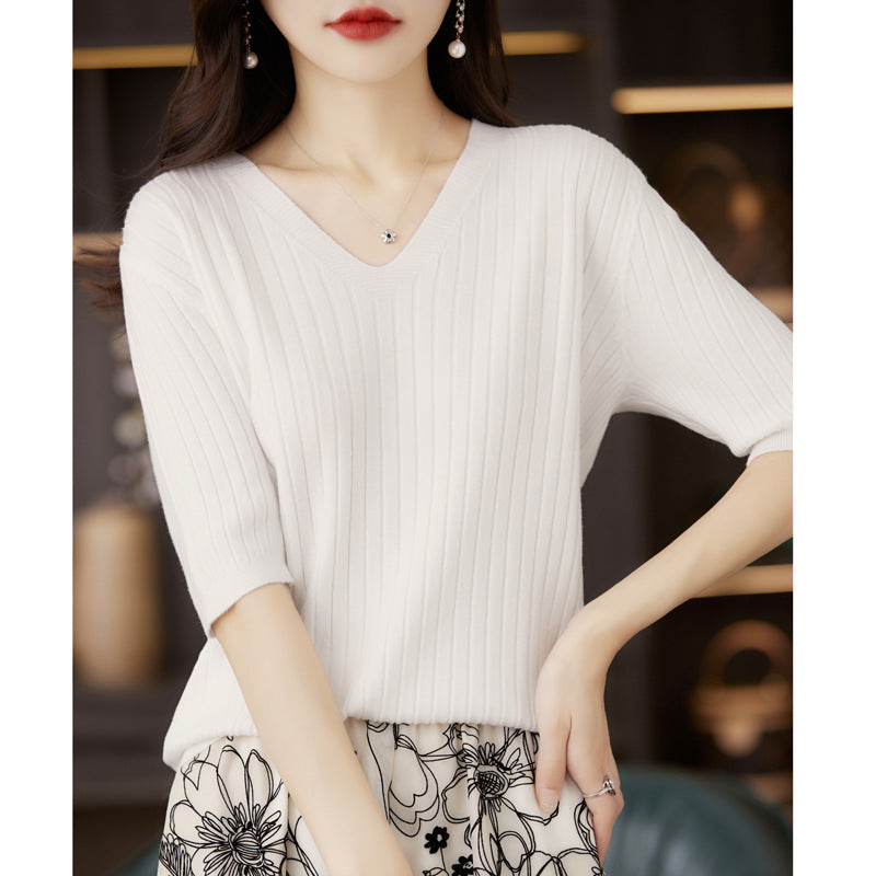 Damen Pullover Frühling Sommer Kurzarm V-Ausschnitt Strickshirt Lässige koreanische Pullover Gestreiftes Unterziehshirt Slim Fit Pullover