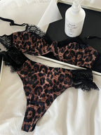 Französisches Unterwäsche-Set Leopard Sexy Stahlring-Spitze Triangel-BH-Slip-Anzüge Vintage Fashion Push-Up-Dessous Ins Bodycon