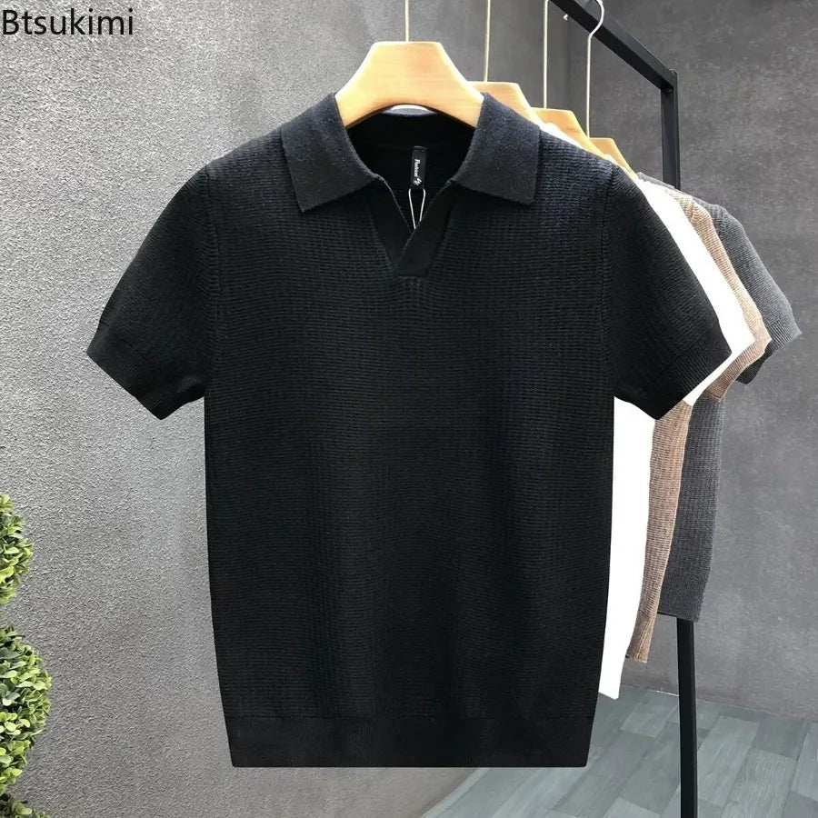 2026 Herren Sommer Poloshirt Koreanischer Stil Slim Fit Knitterarm Kragen Unifarben T-Shirts Freizeit Dünne Ärmel Trendige Strickoberteile Zweitbild