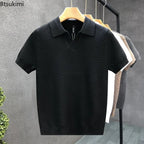 2026 Herren Sommer Poloshirt Koreanischer Stil Slim Fit Knitterarm Kragen Unifarben T-Shirts Freizeit Dünne Ärmel Trendige Strickoberteile