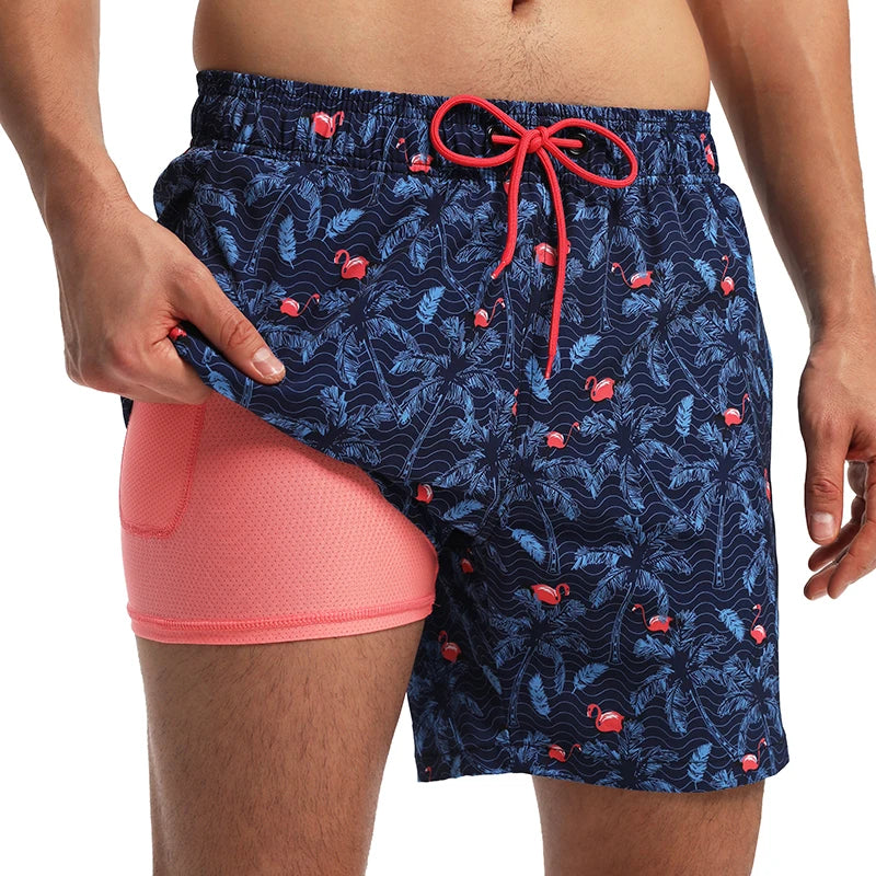 ESCATCH 2026 Neu eingetroffene Herren-Badeshorts mit Kompressionsfutter, 2-in-1-Druck, schnelltrocknend, Fitnessstudio, Sport, Herrenshorts mit Reißverschlusstaschen