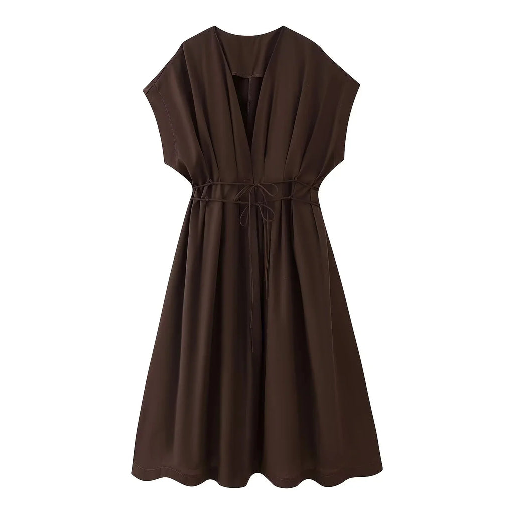 KONDALA 2026 Frühling Sommer Vintage Damenkleid Mode Einreihig Schärpen Drapierter V-Ausschnitt Ärmellos Schicke Braune Damenkleider