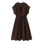 KONDALA 2026 Frühling Sommer Vintage Damenkleid Mode Einreihig Schärpen Drapierter V-Ausschnitt Ärmellos Schicke Braune Damenkleider