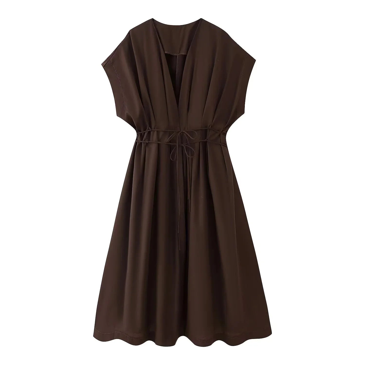 KONDALA 2026 Frühling Sommer Vintage Damenkleid Mode Einreihig Schärpen Drapierter V-Ausschnitt Ärmellos Schicke Braune Damenkleider